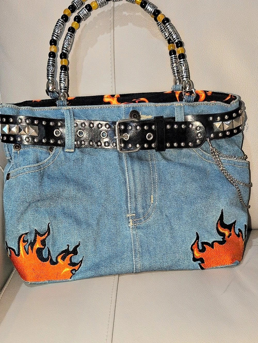 KAE MINAOS Denim Flame Print Studded Tote